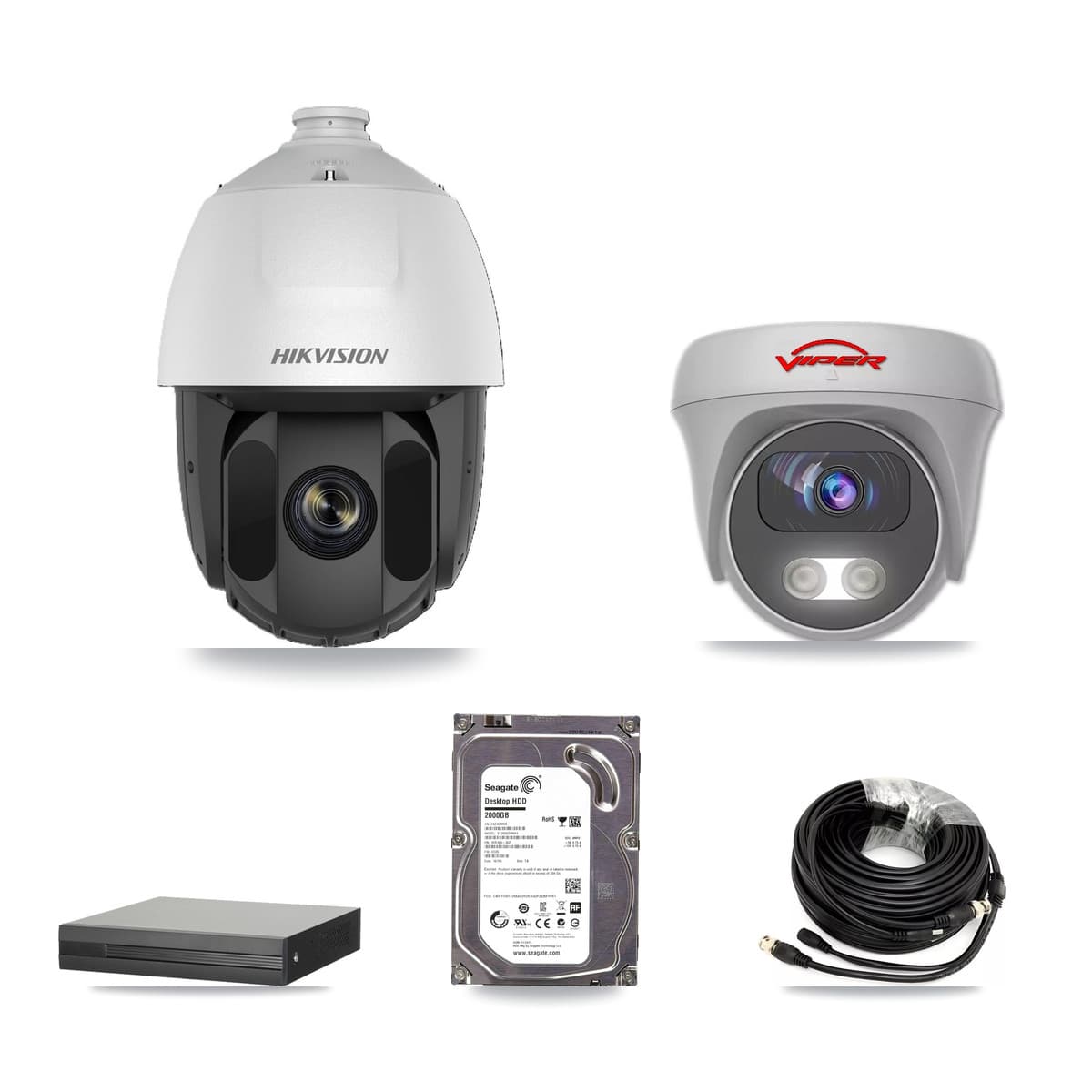 Hikvision & Viper 4-Channel 2MP – 5MP CCTV Kit — 1 DS-2AE5225TI 2MP PTZ + 1 White VIPER-5MP-3K 5MP Cameras + 2TB Recording (XVR-3104HS Recorder)