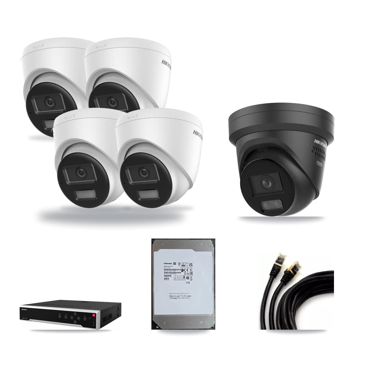 Hikvision 32-Channel 4K CCTV Kit — 4 DS-2CD1383G2 + 1 DS-2CD2387G3 Turret Cameras + 14TB Recording - Image 1