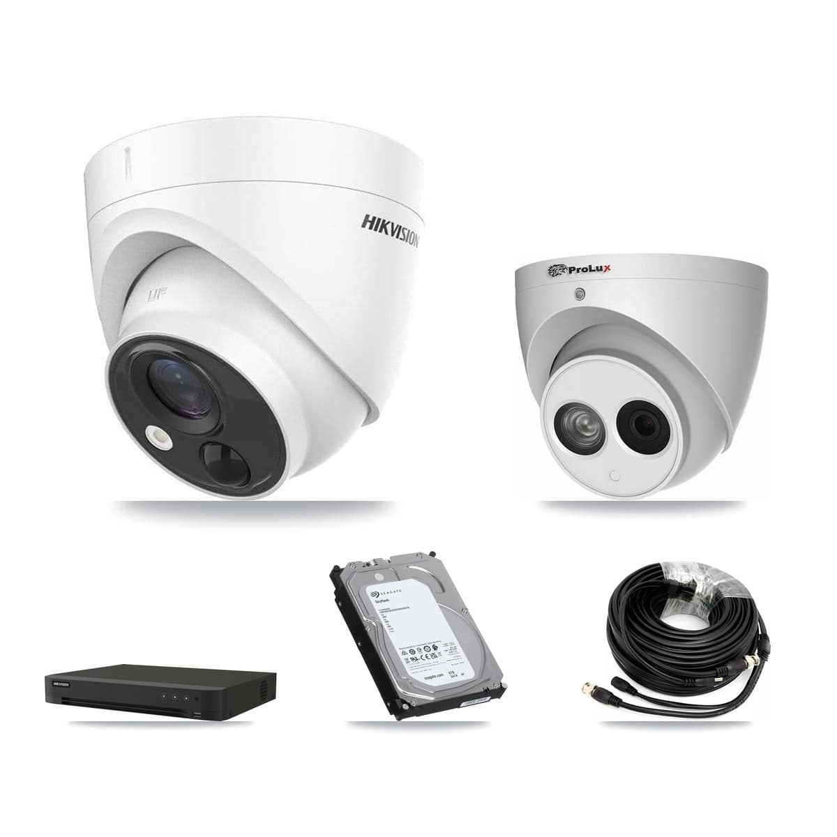 Hikvision & Prolux 8-Channel 4MP – 5MP CCTV Kit — 4 DS-2CE71H0T-PIRLO 5MP + 1 PXC-612C4W-A-POC 4MP Turret Cameras + 6TB Recording (IDS-7208HUHI-M1/XT Recorder)