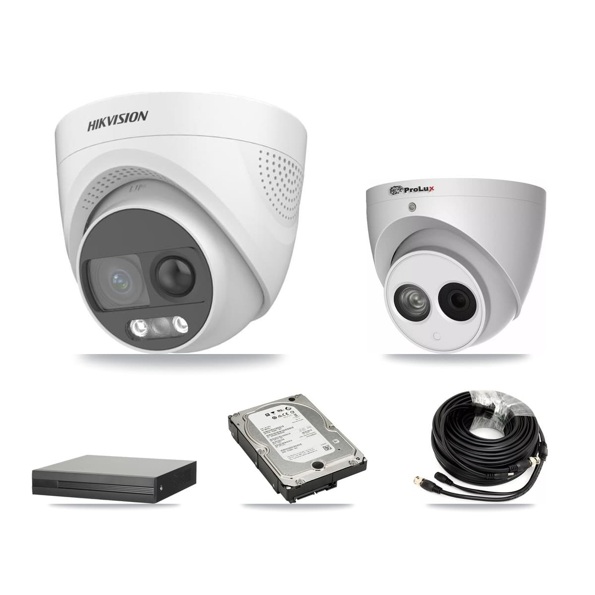 Hikvision & Prolux 4-Channel 4MP – 5MP CCTV Kit — 3 DS-2CE72KF3T 5MP + 1 PXC-612C4W-A 4MP Turret Cameras + 5TB Recording (XVR-3104HS Recorder) - Image 1