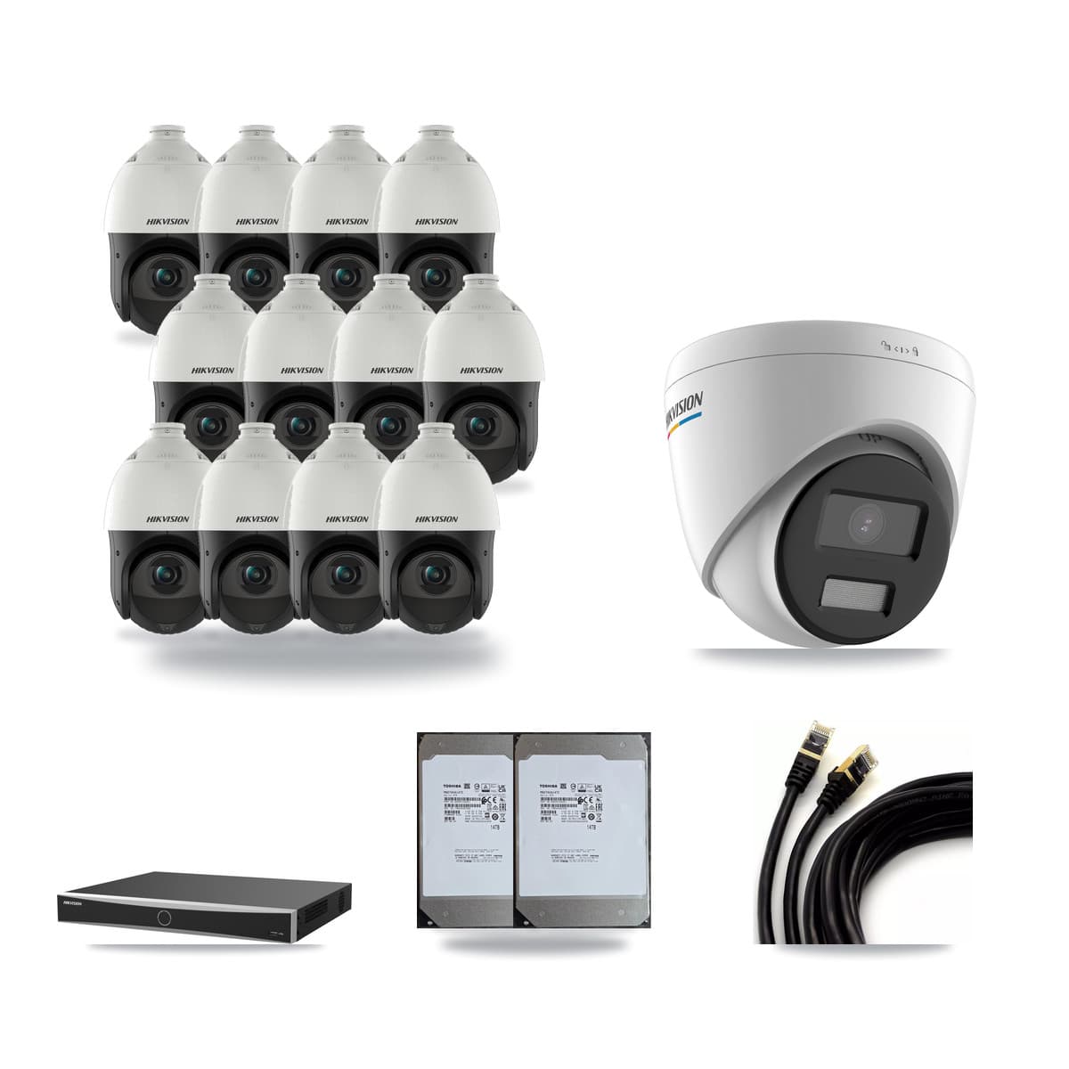 Hikvision 16-Channel 2MP – 4MP CCTV Kit — 1 2MP Turret + 12 4MP PTZ Cameras + 2× 14TB Recording (DS-7616NXI Recorder) - Image 1