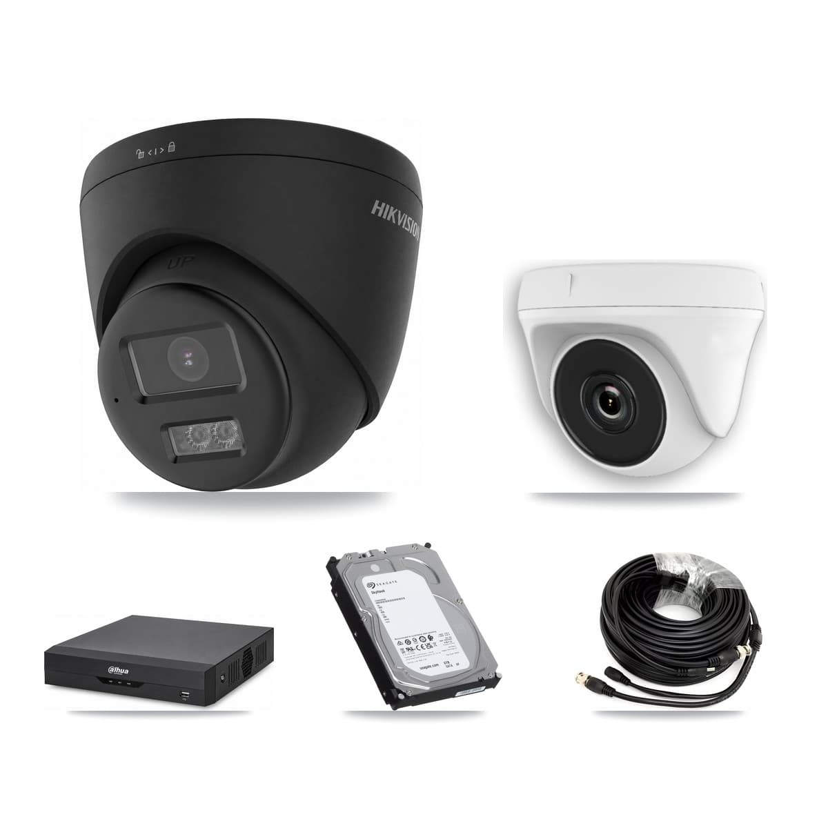 Hikvision & Dahua 4-Channel 2MP – 4K CCTV Kit — 3 Black 4K Turret + 1 White 2MP Dome Cameras + 6TB Recording