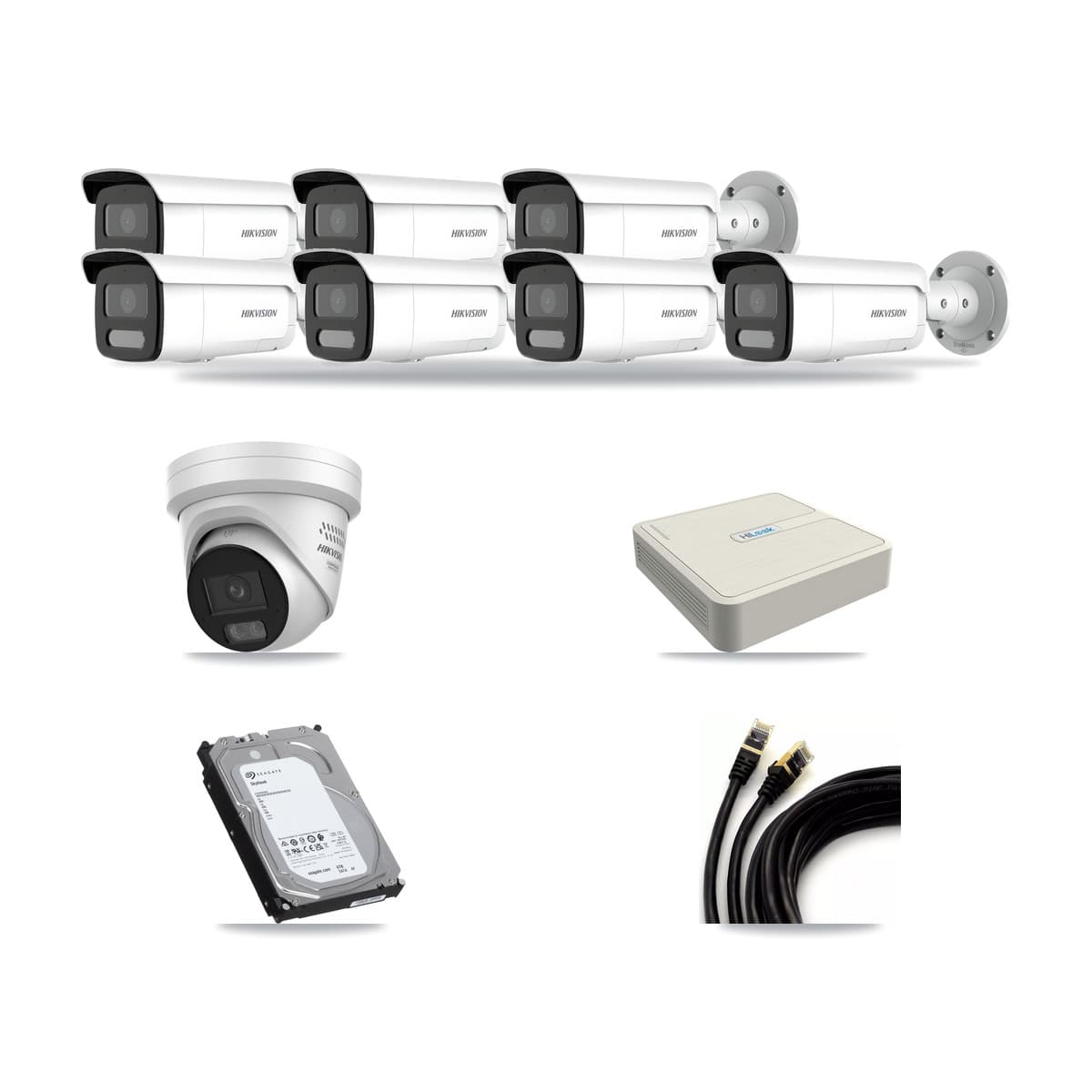 Hikvision & HiLook 8-Channel 4MP CCTV Kit — 1 DS-2CD2347G3 Turret + 7 DS-2CD2T47G2H Bullet Cameras + 6TB Recording - Image 1