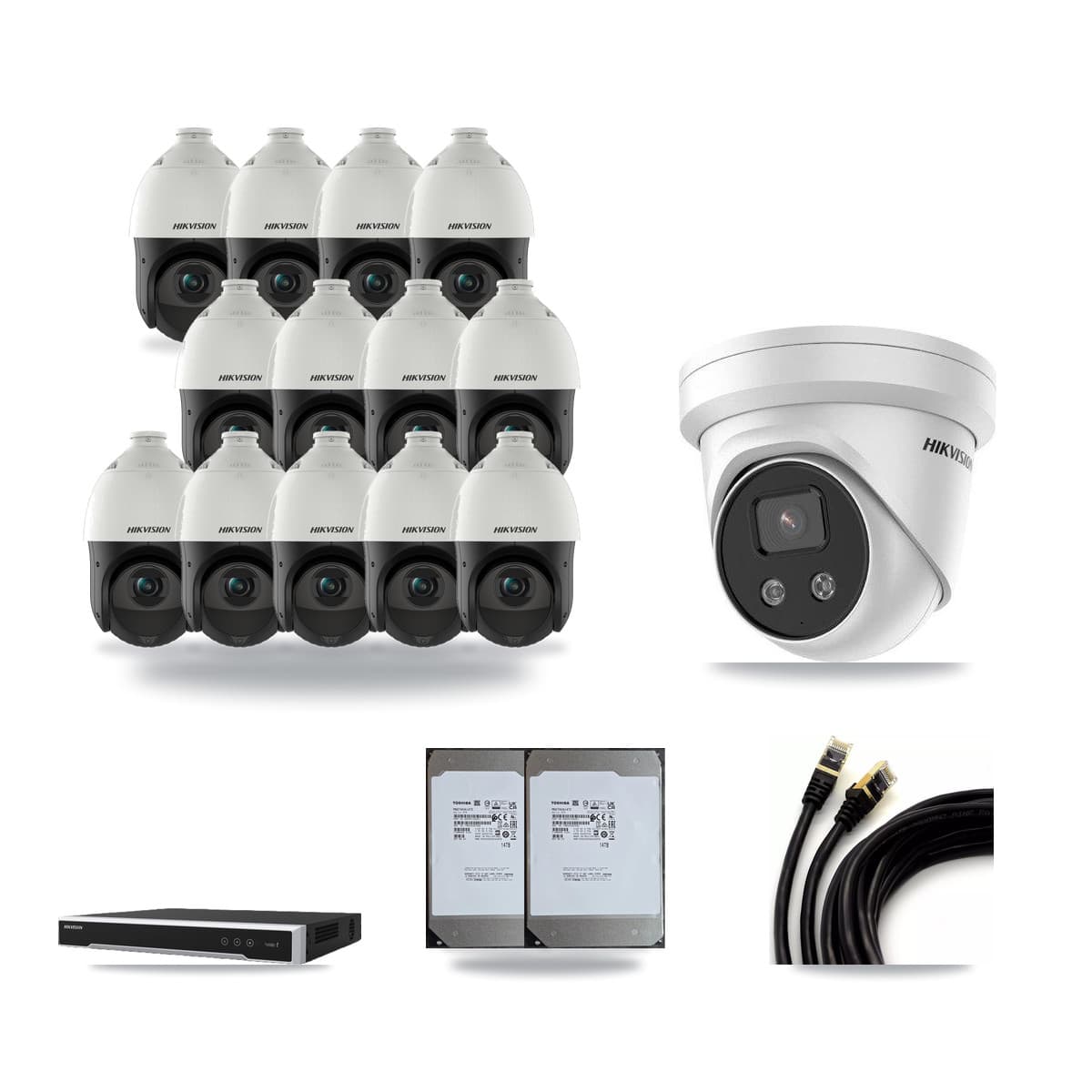 Hikvision 16-Channel 4MP – 5MP CCTV Kit — 1 5MP Turret + 13 4MP PTZ Cameras + 2× 14TB Recording (DS-7616NI-M2 Recorder) - Image 1