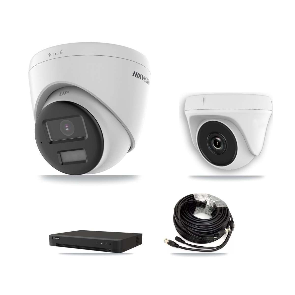 Hikvision 8-Channel 2MP – 4K CCTV Kit — 1 DS-2CE78U0T-LPTS 4K Turret + 1 White HDT-2MP-N20W-2.8MM 2MP Dome Cameras + 3TB Recording (IDS-7208HUHI-M1/XT Recorder)
