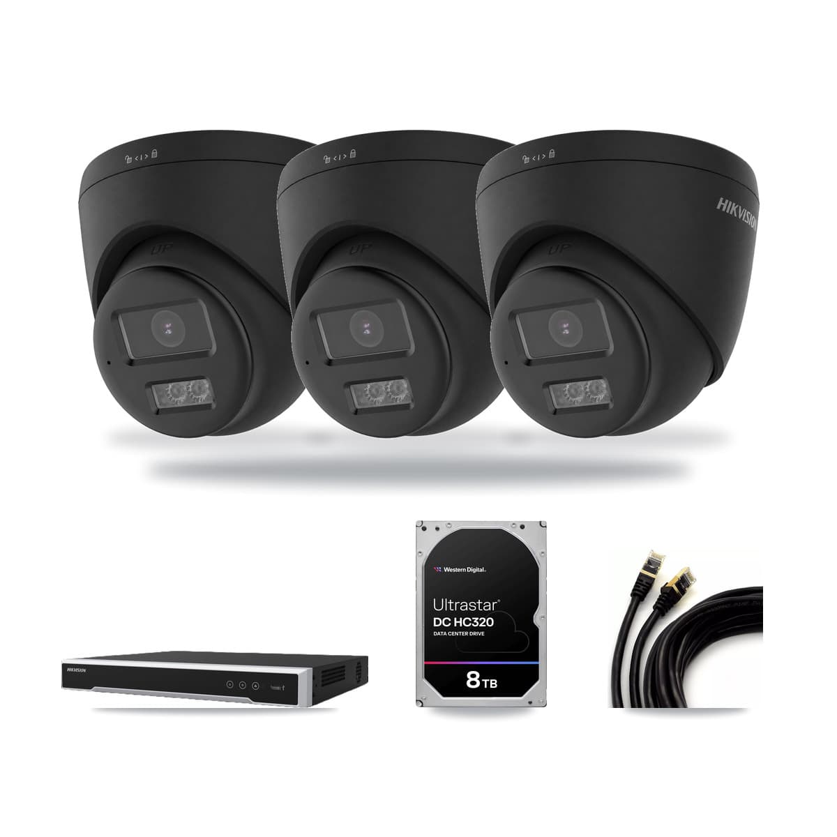 Hikvision 8-Channel 4K CCTV Kit — 3 Black DS-2CD1383G2 Turret Cameras + 8TB Recording (DS-7608NI-M2 Recorder) - Image 1