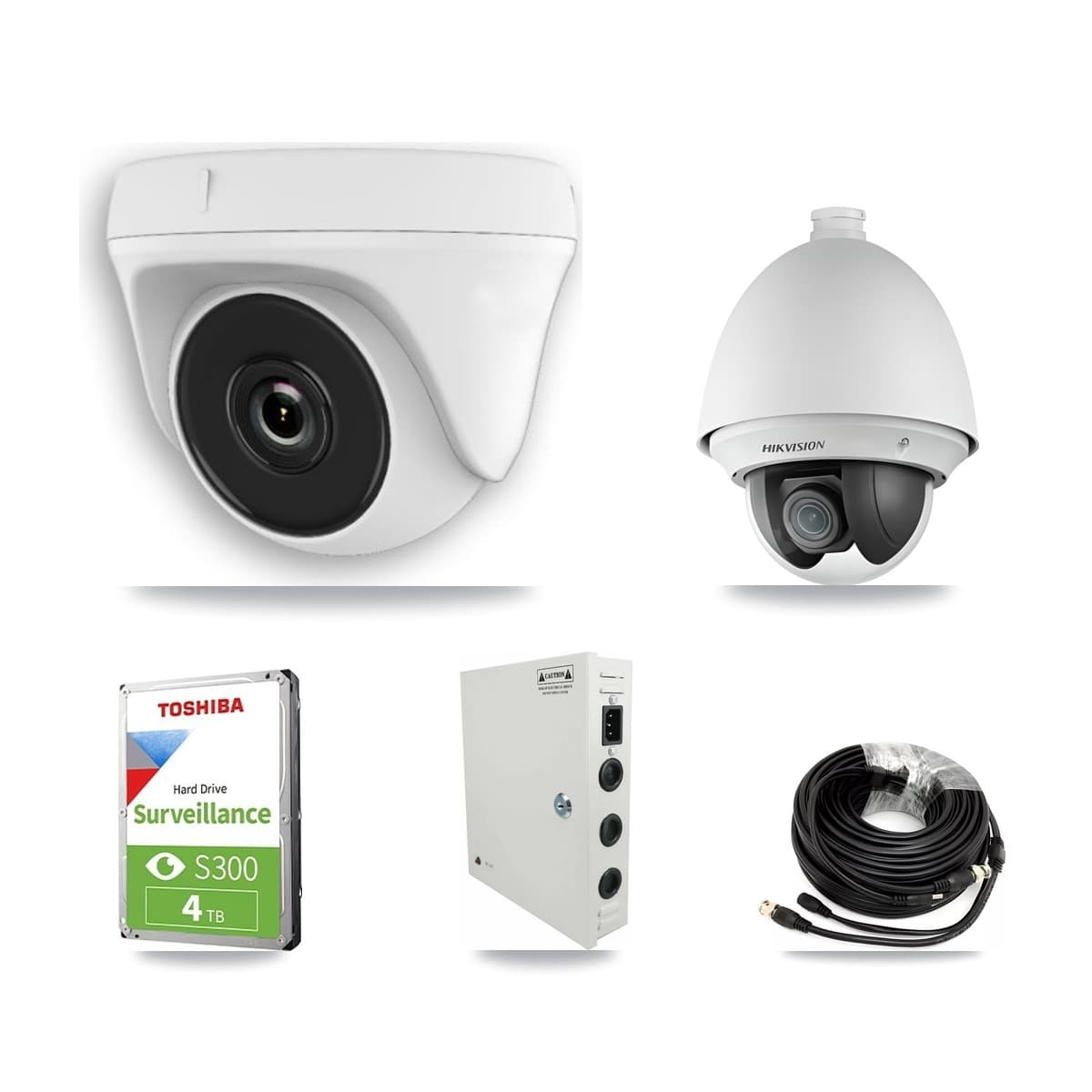 Hikvision & Prolux 8-Channel 2MP CCTV Kit — 1 DS-2AE4225T PTZ + 5 White HDT-2MP-N20W Dome Cameras + 4TB Recording