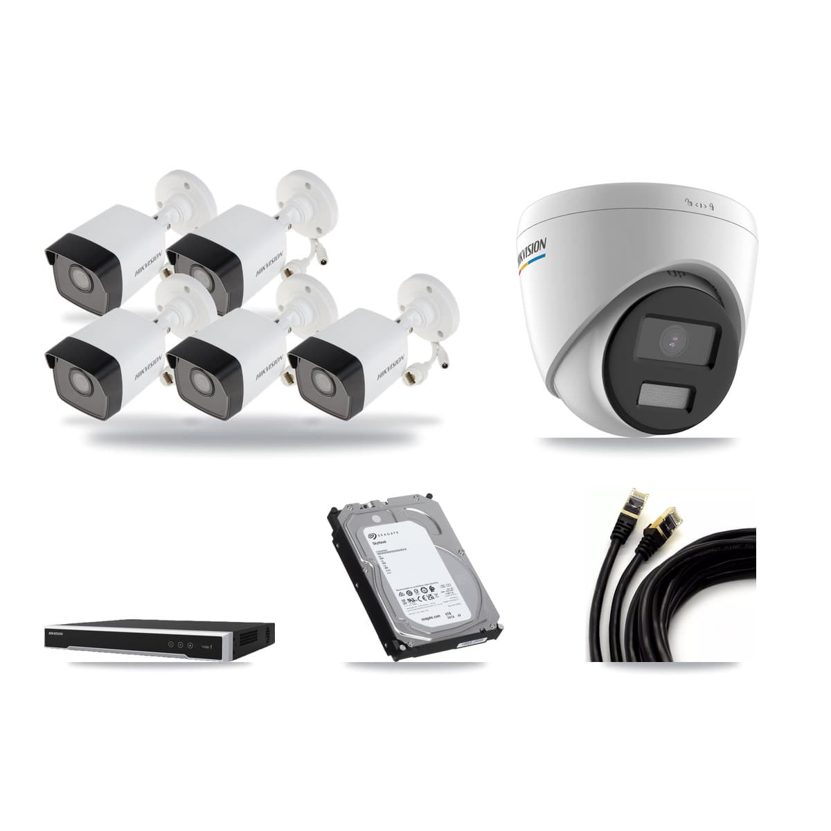 Hikvision 8-Channel 2MP – 5MP CCTV Kit — 5 5MP Bullet + 1 2MP Turret Cameras + 6TB Recording (DS-7608NI-M2 Recorder) - Image 1