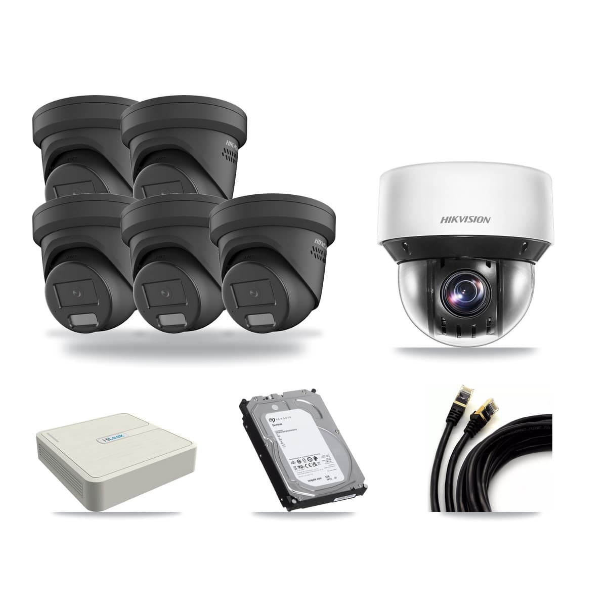 Hikvision & HiLook 8-Channel 4MP CCTV Kit — 5 Black DS-2CD2347G2 Turret + 1 DS-2DE4A425IW PTZ Cameras + 6TB Recording - Image 1