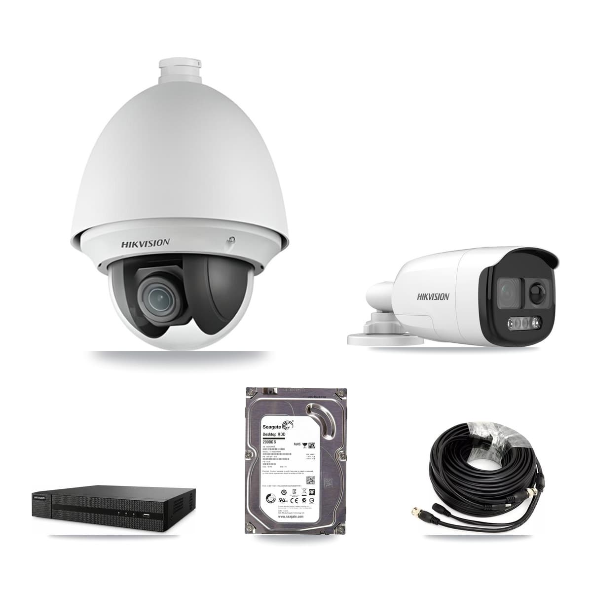 Hikvision 8-Channel 2MP – 5MP CCTV Kit — 1 DS-2AE4225T 2MP PTZ + 1 DS-2CE12KF3T 5MP Bullet Cameras + 2TB Recording (DVR-8CH Recorder) - Image 1