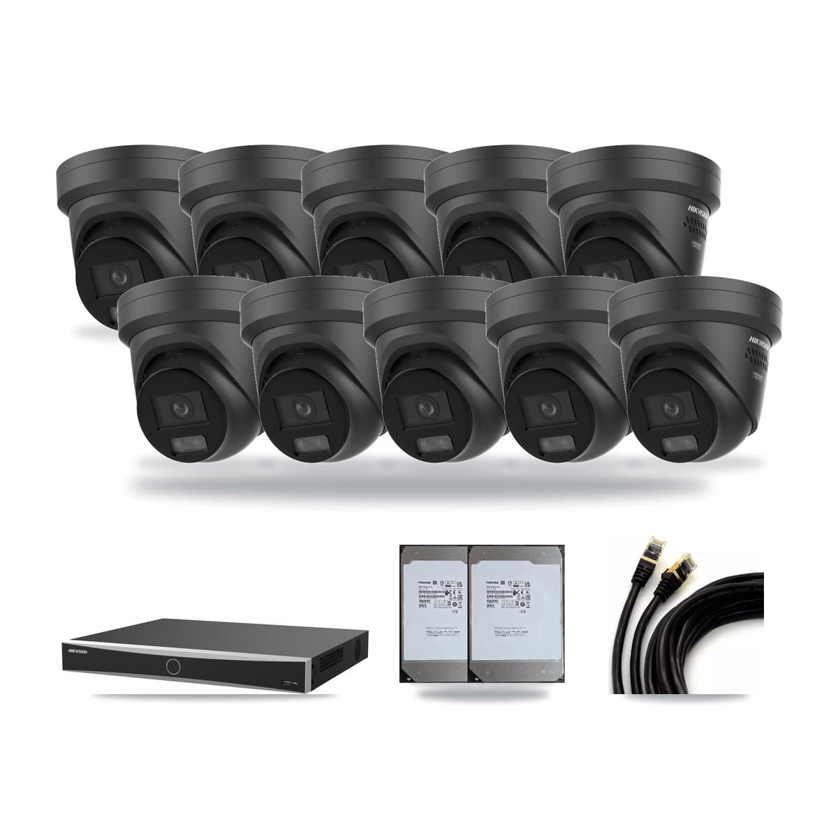 Hikvision 16-Channel 4K CCTV Kit — 10 Black Turret Cameras + 2× 14TB Recording (DS-7616NXI Recorder) - Image 1
