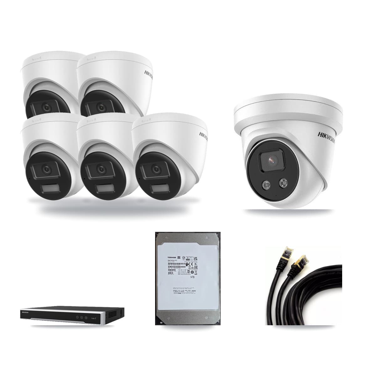 Hikvision 8-Channel 5MP – 4K CCTV Kit — 5 DS-2CD1383G2-LIU 4K + 1 DS-2CD3356G2-ISU 5MP Turret Cameras + 14TB Recording (DS-7608NI-M2/8P Recorder) - Image 1