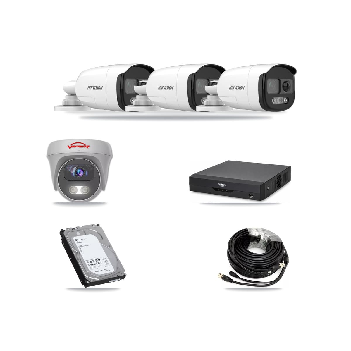 4-Channel 5MP CCTV Kit — 3 DS-2CE12KF3T Bullet + 1 White VIPER-5MP-3K Cameras + 6TB Recording (DH-XVR5104HS Recorder) - Image 1