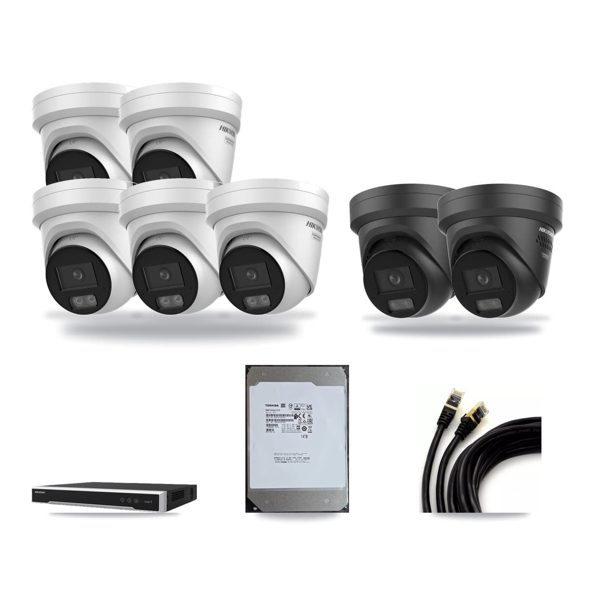 Hikvision 16-channel CCTV kit: 7 cameras (5× 4K Turret + 2× 4K Black Turret), 14TB hard drive