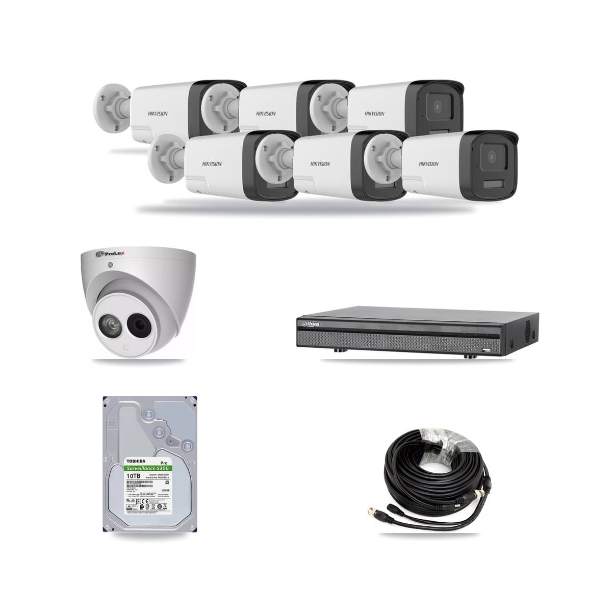 8-Channel 4MP – 5MP CCTV Kit — 6 DS-2CE17K0T 5MP Bullet + 1 PXC-612C4W-A 4MP Turret Cameras + 10TB Recording (DH-XVR5108H Recorder) - Image 1