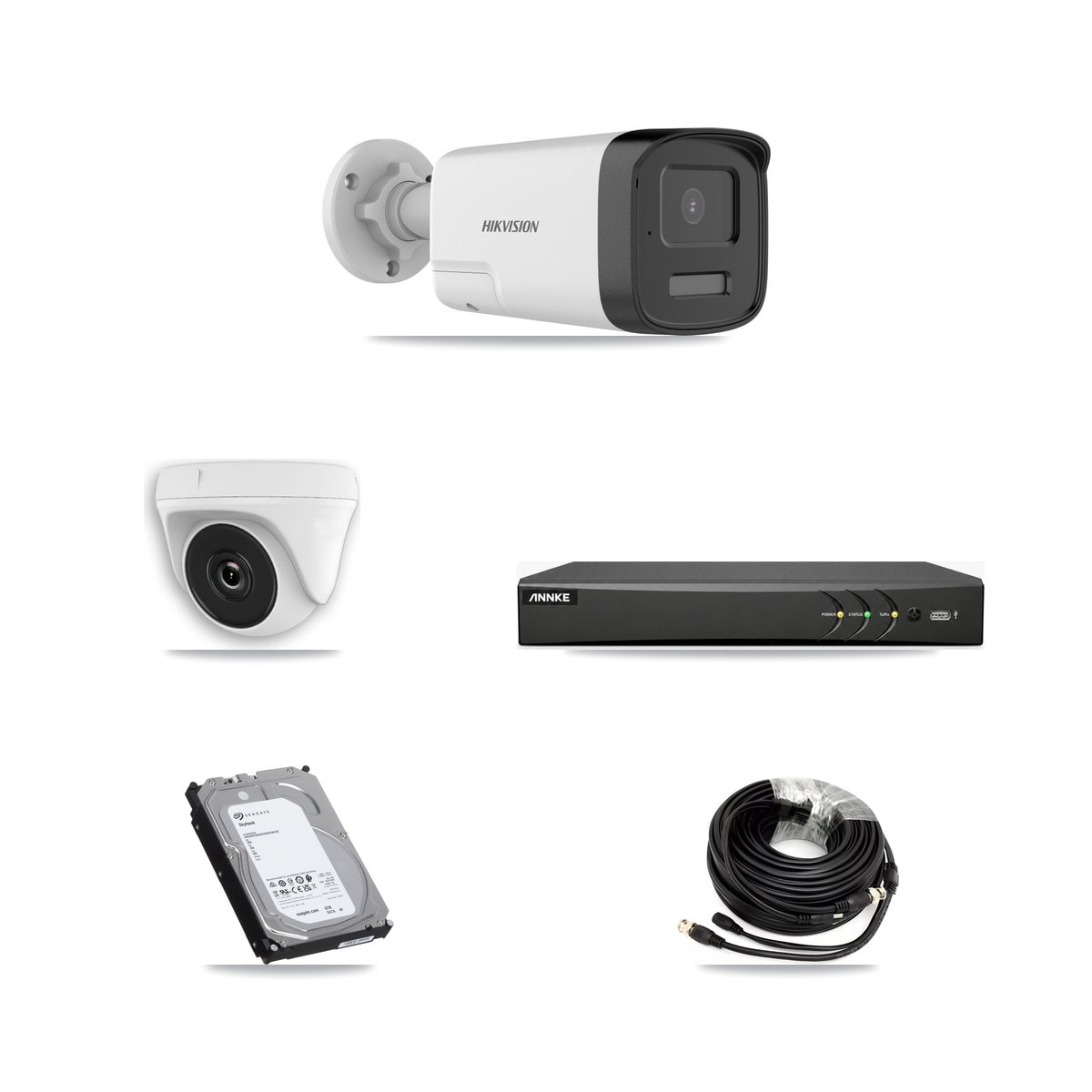 Hikvision & ANNKE 4-Channel 2MP – 5MP CCTV Kit — 3 DS-2CE17K0T 5MP Bullet + 1 White HDT-2MP-N20W 2MP Dome Cameras + 6TB Recording - Image 1