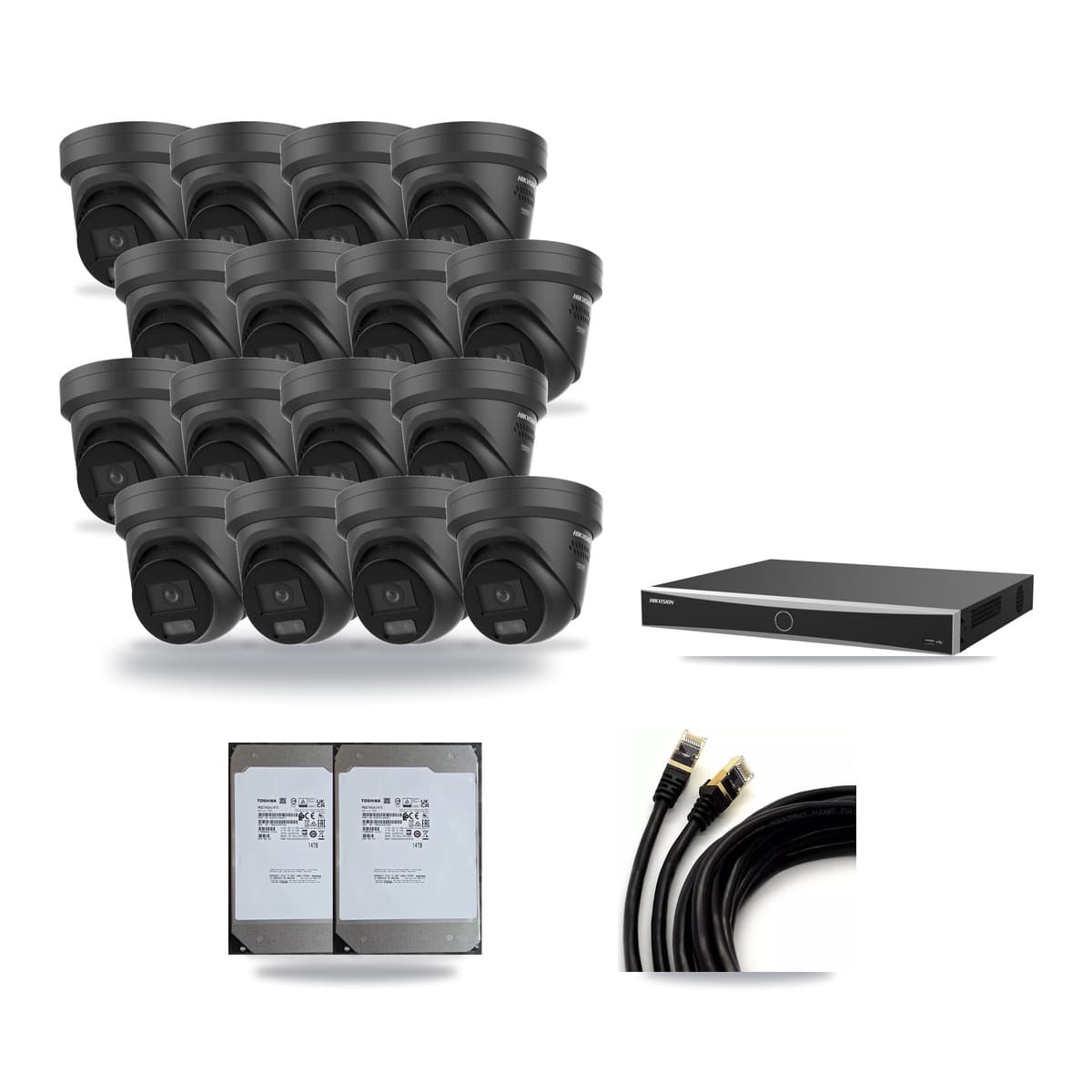 Hikvision 16-Channel 4K CCTV Kit — 16 Black DS-2CD2387G3 Turret Cameras + 2× 14TB Recording (DS-7616NXI Recorder) - Image 1