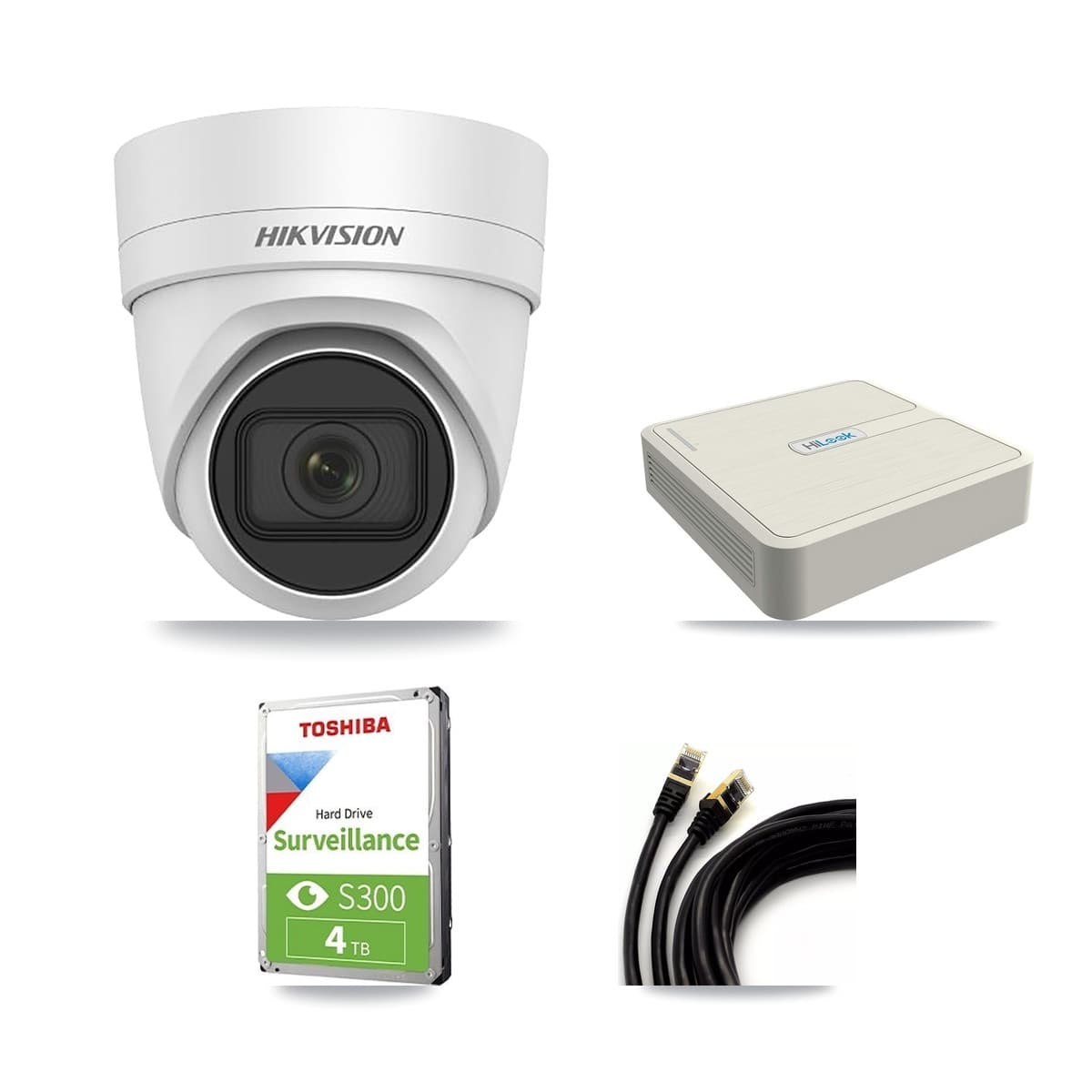 Hikvision & HiLook 8-Channel 4MP CCTV Kit — 3 DS-2CD2H45FWD Turret Cameras + 4TB Recording (NVR-108H-D Recorder)