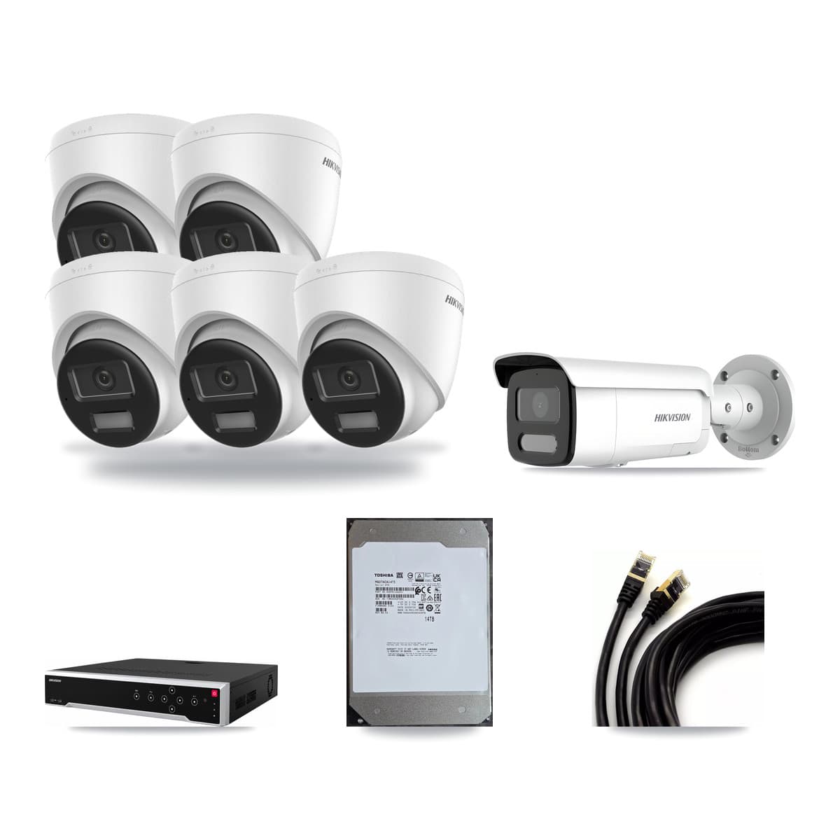 Hikvision 32-Channel 4MP – 4K CCTV Kit — 5 DS-2CD1383G2-LIUF/SL 4K Turret + 1 DS-2CD2T47G2H-LISU/SL 4MP Bullet Cameras + 14TB Recording (DS-7732NI-M4/24P Recorder) - Image 1