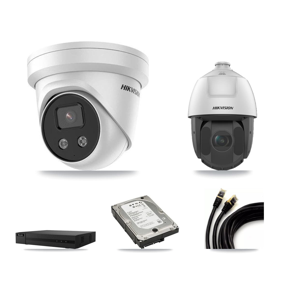 Hikvision & HiLook 8-Channel 2MP – 5MP CCTV Kit — 3 5MP Turret + 1 2MP PTZ Cameras + 5TB Recording (NVR-108MH-D Recorder)