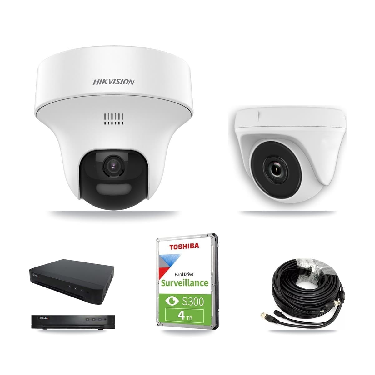 Hikvision & Prolux 16-Channel 2MP – 5MP CCTV Kit — 2 DS-2CE70K0T 5MP Turret + 2 White HDT-2MP-N20W 2MP Dome Cameras + 4TB Recording