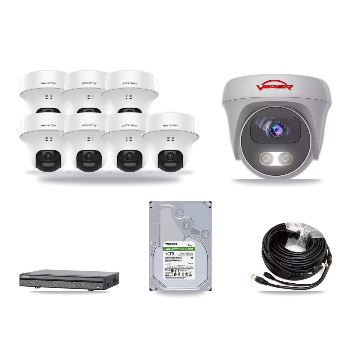 8-Channel 5MP CCTV Kit — 7 DS-2CE70K0T Turret + 1 White VIPER-5MP-3K Cameras + 10TB Recording (DH-XVR5108H Recorder) - Image 1