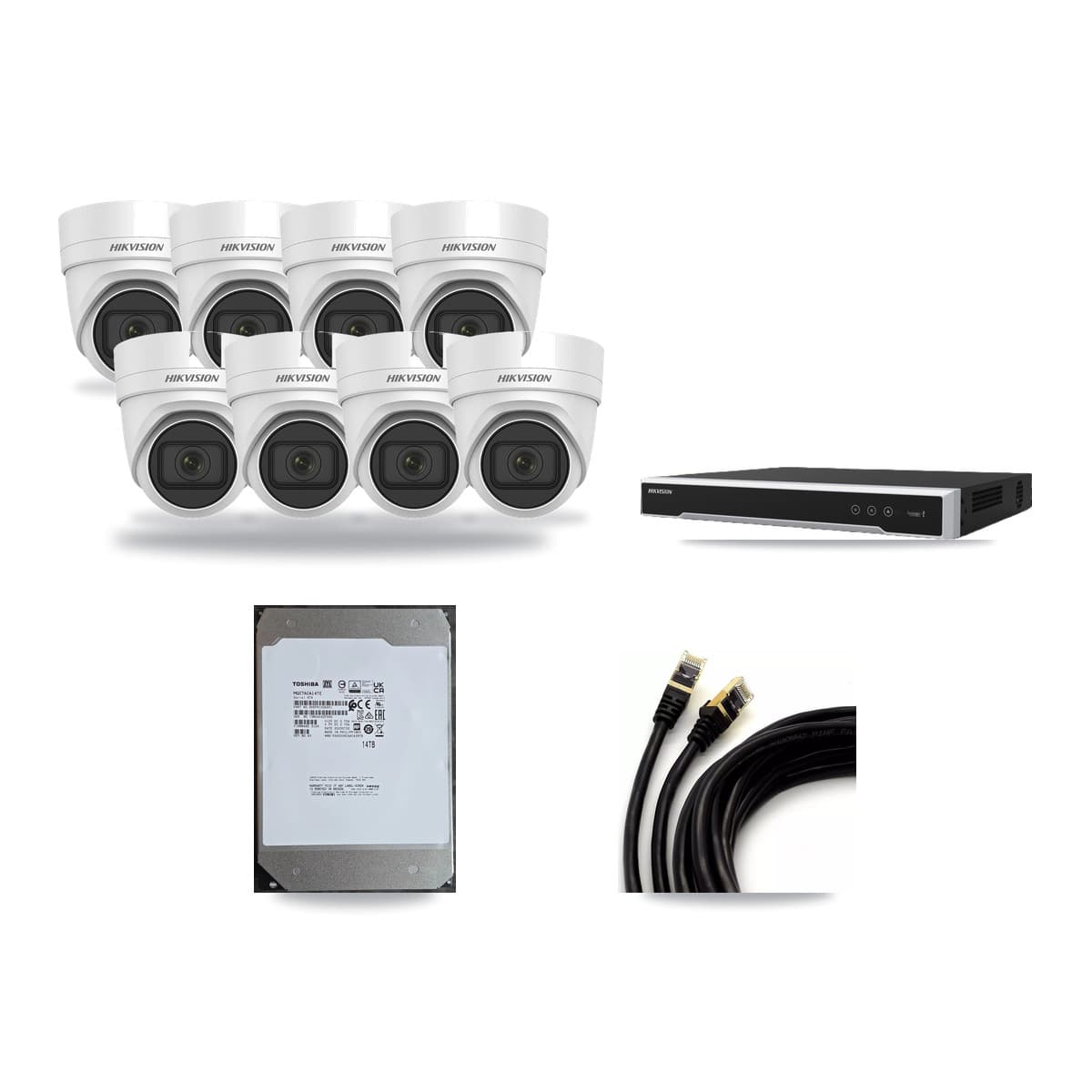 Hikvision 16-Channel 4MP CCTV Kit — 8 DS-2CD2H45FWD Turret Cameras + 14TB Recording (DS-7616NI-M2 Recorder) - Image 1