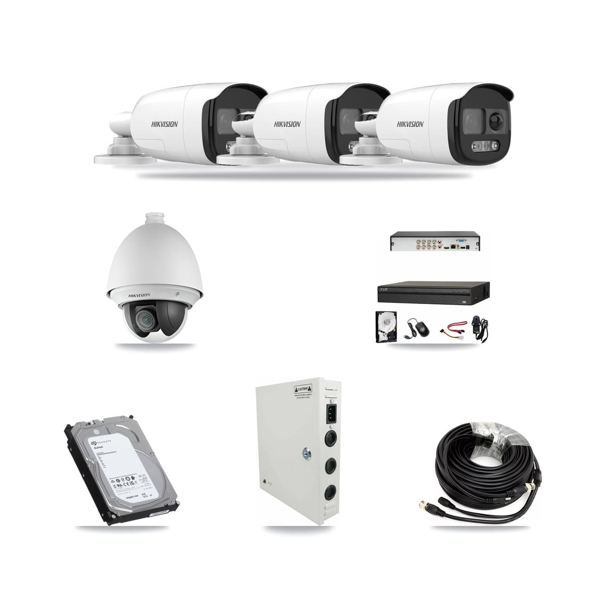Hikvision & Dahua 8-Channel 2MP – 5MP CCTV Kit — 1 DS-2AE4225T 2MP PTZ + 3 DS-2CE12KF3T 5MP Bullet Cameras + 6TB Recording - Image 1