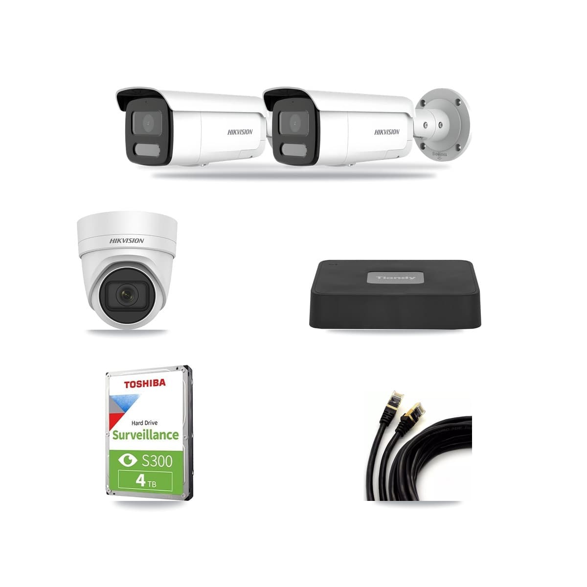 Hikvision & Tiandy 4-Channel 4MP CCTV Kit — 1 DS-2CD2H45FWD Turret + 2 DS-2CD2T47G2H Bullet Cameras + 4TB Recording - Image 1