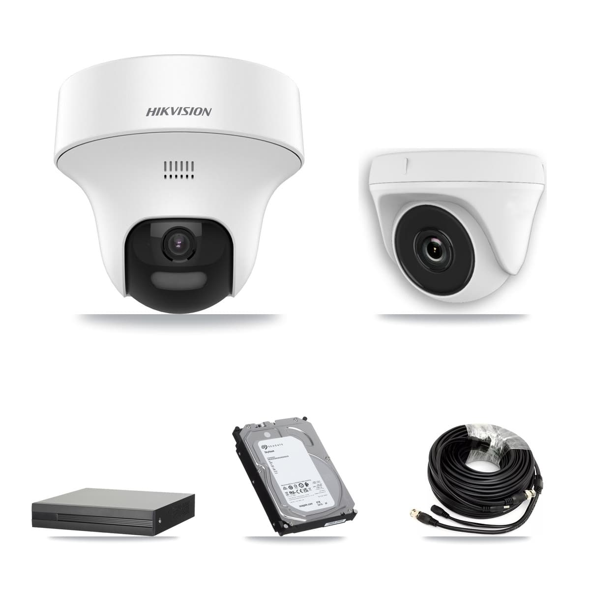 Hikvision 4-Channel 2MP – 5MP CCTV Kit — 3 DS-2CE70K0T 5MP Turret + 1 White HDT-2MP-N20W 2MP Dome Cameras + 6TB Recording (XVR-3104HS Recorder)