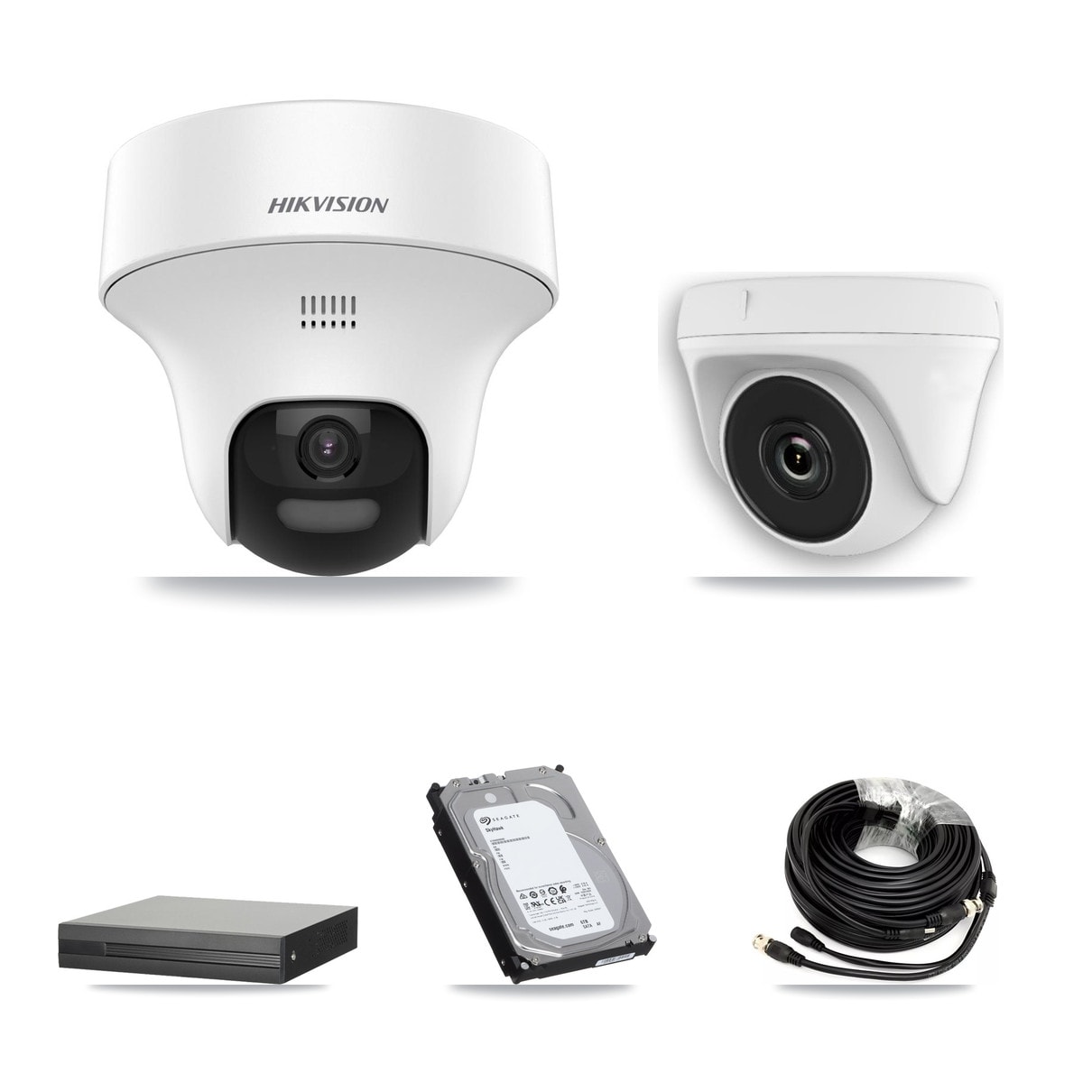 XVR-3104HS-5MP-LITE 4-Channel DVR CCTV Kit — 3× Hikvision DS-2CE70K0T-PTLTS 5MP Turret + 1× HDT-2MP-N20W-2.8MM White 2MP Dome Cameras + 6TB HDD