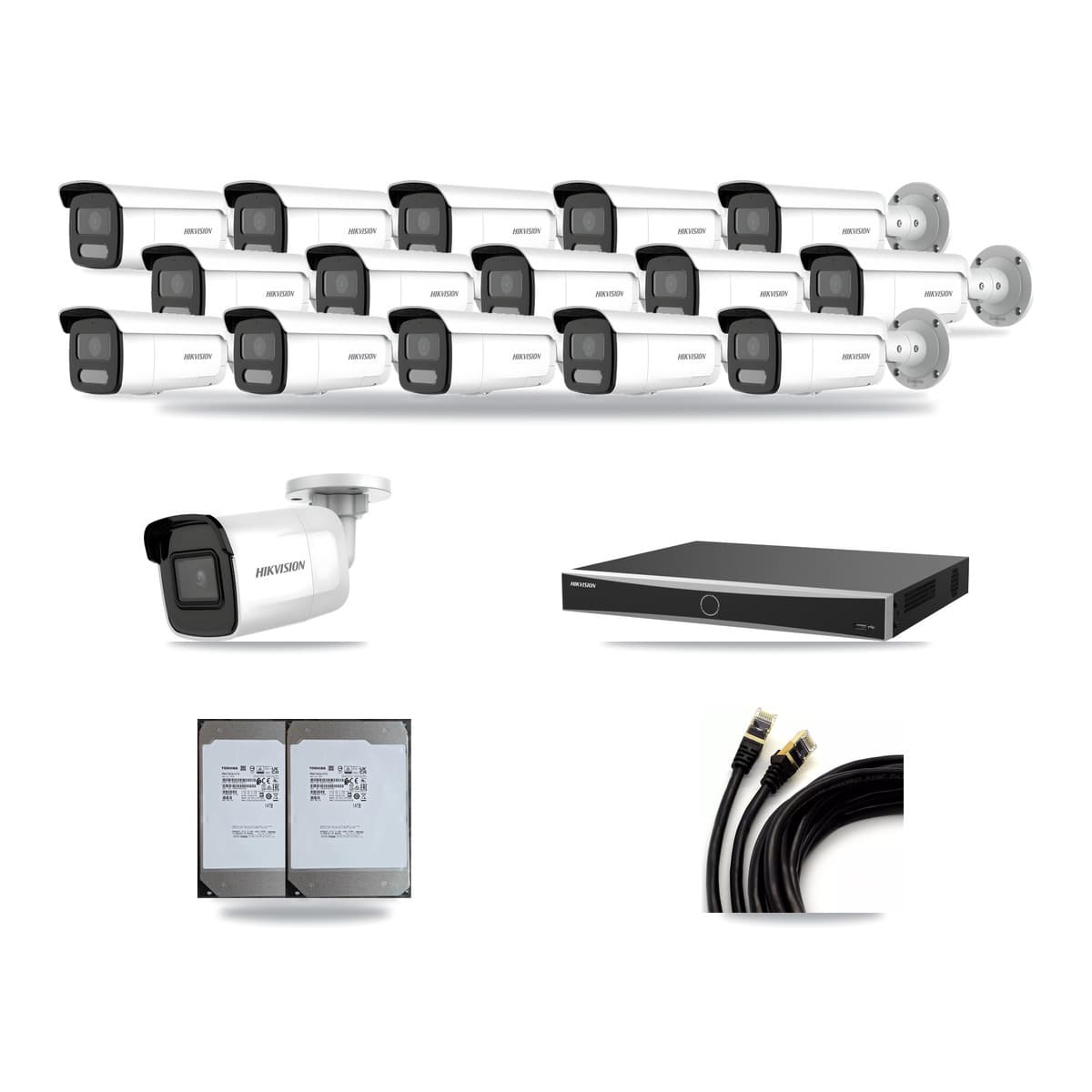 Hikvision 16-Channel 4MP – 4K CCTV Kit — 1 4K + 15 4MP Bullet Cameras + 2× 14TB Recording (DS-7616NXI Recorder) - Image 1