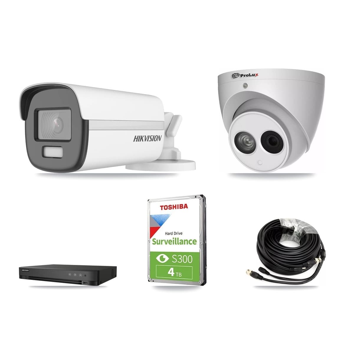 Hikvision & Prolux 4-Channel 4MP – 4K CCTV Kit — 1 4K Bullet + 1 4MP Turret Cameras + 4TB Recording (IDS-7204HUHI Recorder)