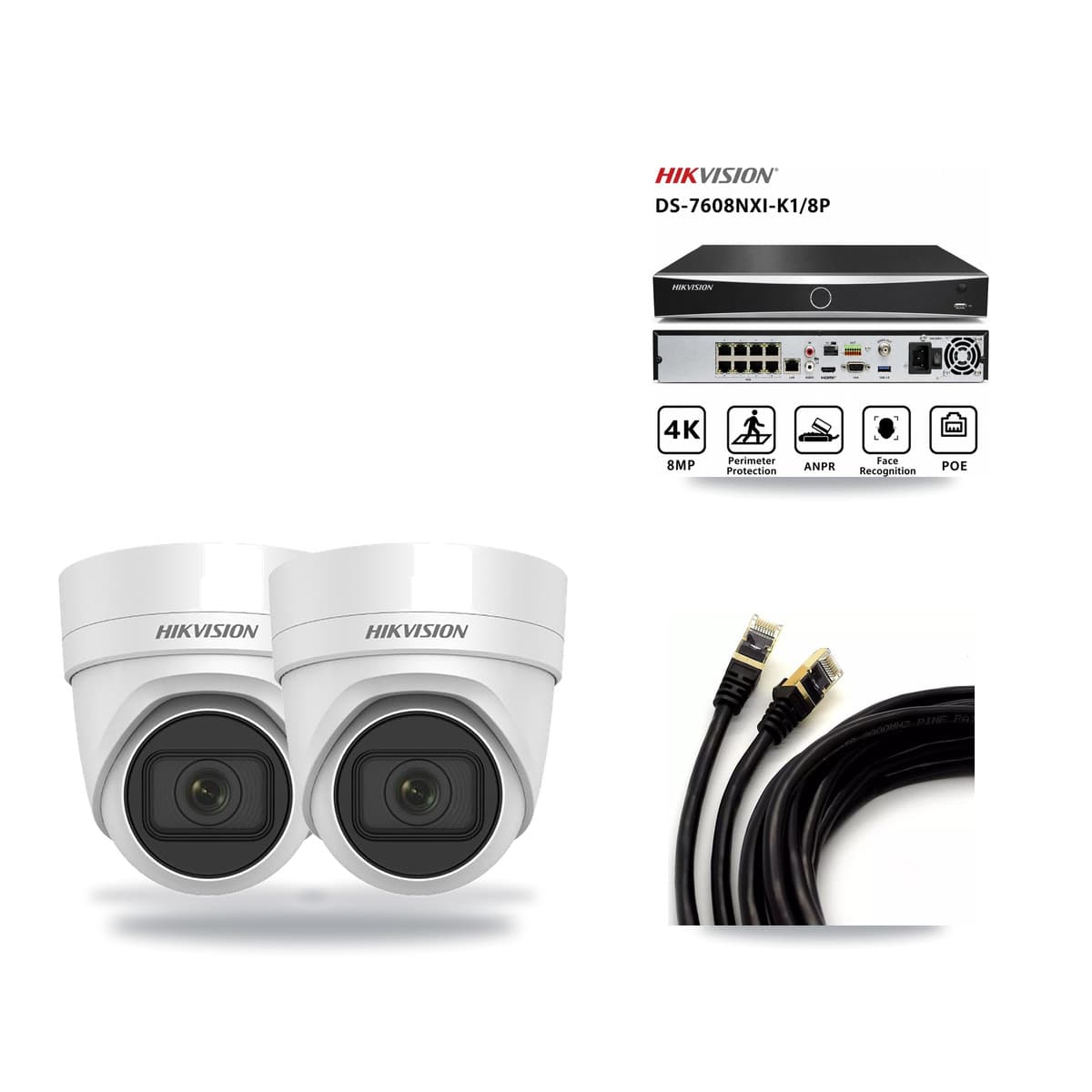 Hikvision 8-Channel 4MP CCTV Kit — 2 DS-2CD2H45FWD Turret Cameras + 3TB Recording (DS-7608NXI Recorder) - Image 1