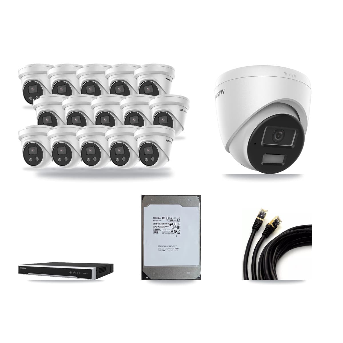 Hikvision 16-Channel 4MP – 5MP CCTV Kit — 1 4MP + 15 5MP Turret Cameras + 14TB Recording (DS-7616NI-M2 Recorder) - Image 1