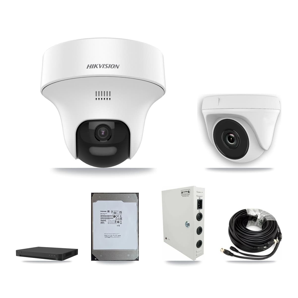 Hikvision 16-Channel 2MP – 5MP CCTV Kit — 7 DS-2CE70K0T 5MP Turret + 7 White HDT-2MP-N20W 2MP Dome Cameras + 14TB Recording