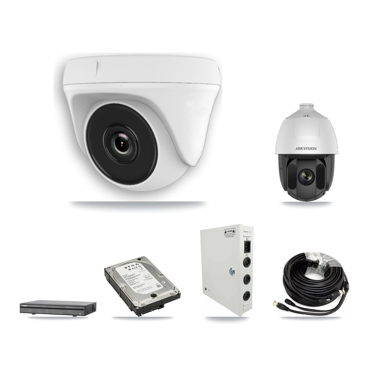 Hikvision & Dahua 8-Channel 2MP CCTV Kit — 1 PTZ + 7 White Dome Cameras + 5TB Recording (DH-XVR5108H Recorder)
