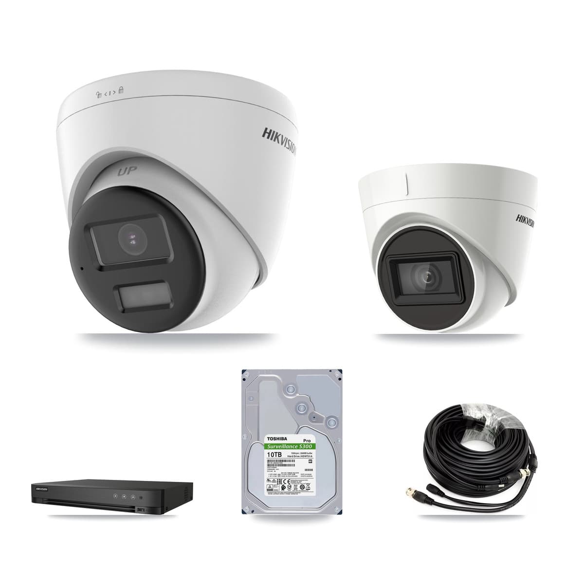 Hikvision 4-Channel 4K CCTV Kit — 2 DS-2CE78U0T + 2 DS-2CE78U1T Turret Cameras + 10TB Recording (DS-7204HUHI Recorder)