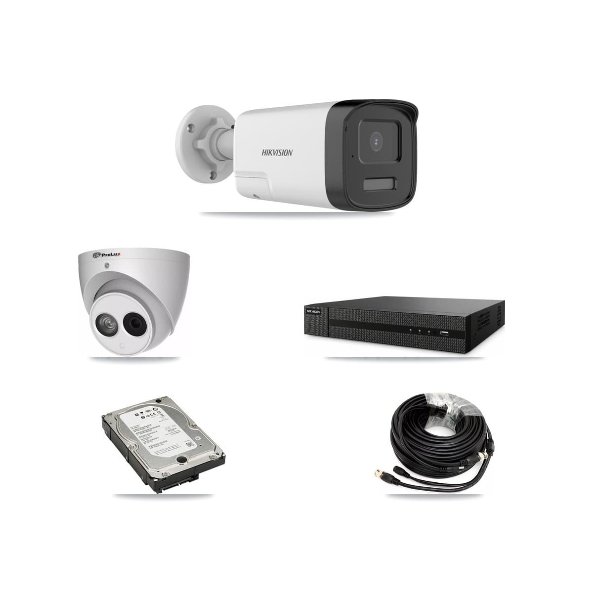 Hikvision & Prolux 8-Channel 4MP – 5MP CCTV Kit — 3 DS-2CE17K0T 5MP Bullet + 1 PXC-612C4W-A 4MP Turret Cameras + 5TB Recording (DVR-8CH Recorder)
