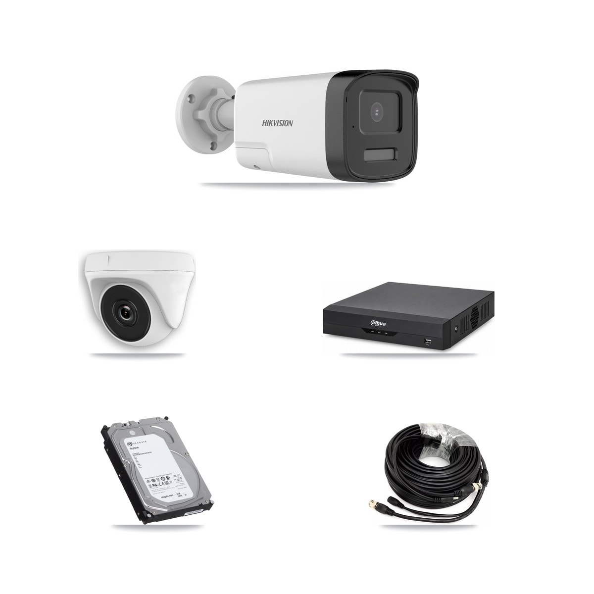 Hikvision & Dahua 4-Channel 2MP – 5MP CCTV Kit — 3 DS-2CE17K0T 5MP Bullet + 1 White HDT-2MP-N20W 2MP Dome Cameras + 6TB Recording - Image 1