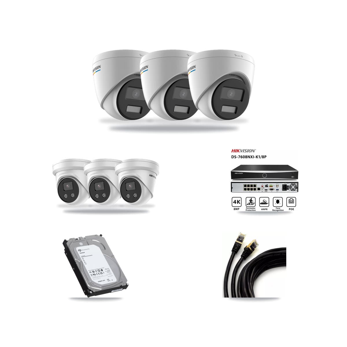 Hikvision 8-channel CCTV kit: 6 cameras (3× 2MP Turret + 3× 5MP Turret), 6TB hard drive