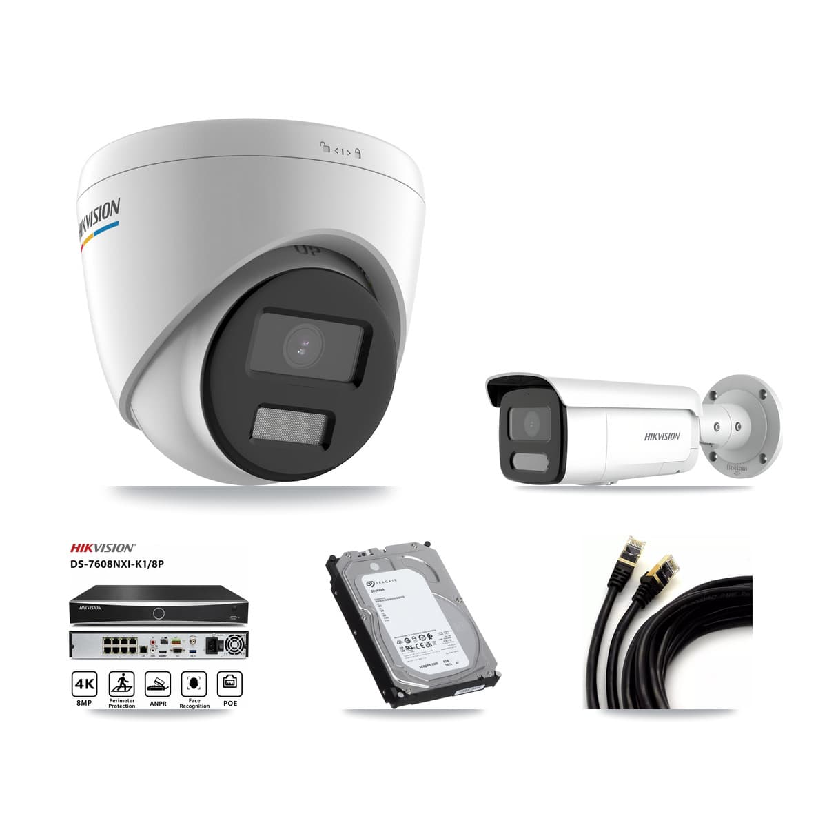 Hikvision 8-Channel 2MP – 4MP CCTV Kit — 7 2MP Turret + 1 4MP Bullet Cameras + 6TB Recording (DS-7608NXI Recorder)