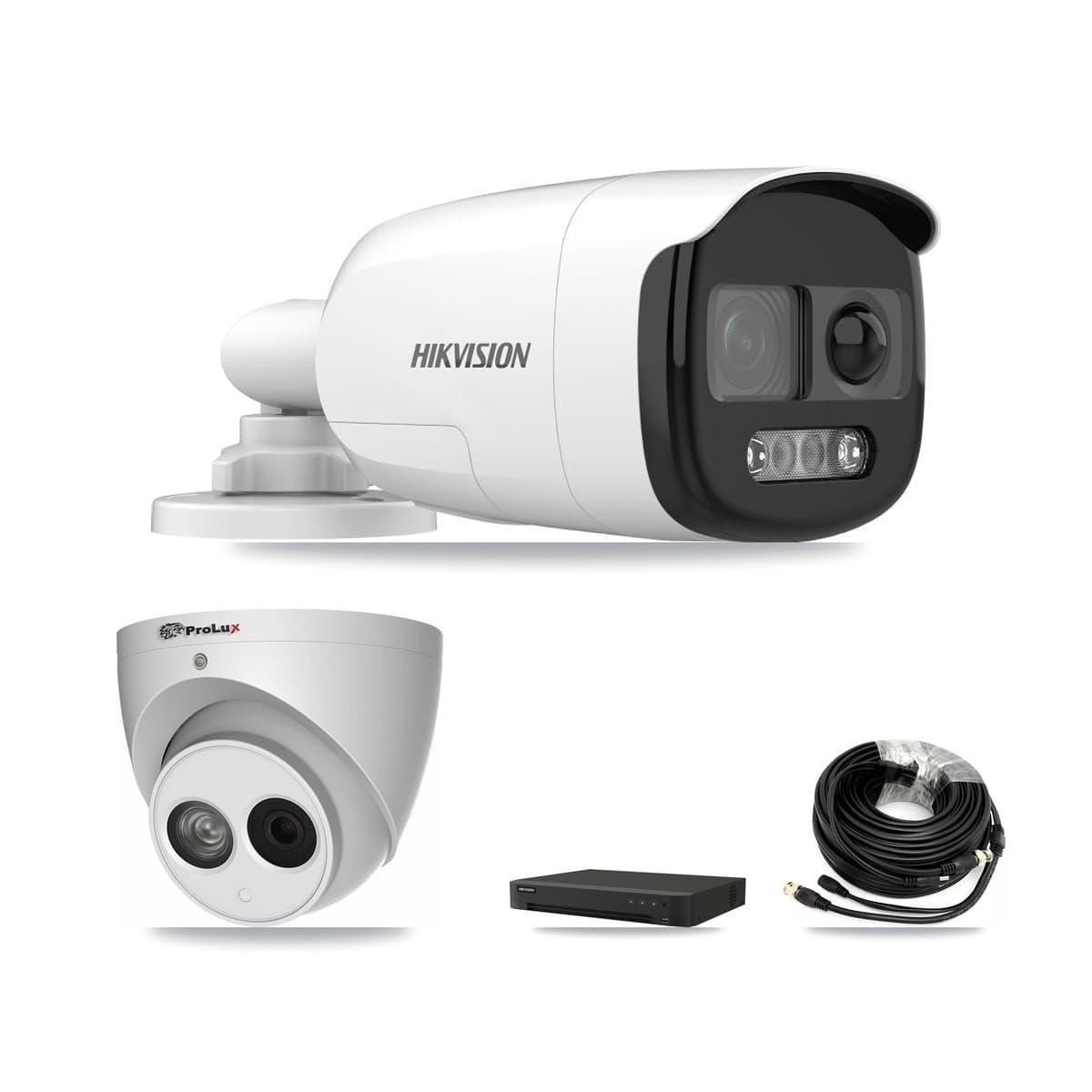 Hikvision & Prolux 8-Channel 4MP – 5MP CCTV Kit — 5 DS-2CE12KF3T-PIRXO 5MP Bullet + 1 PXC-612C4W-A-POC 4MP Turret Cameras + 8TB Recording (IDS-7208HUHI-M1/XT Recorder)