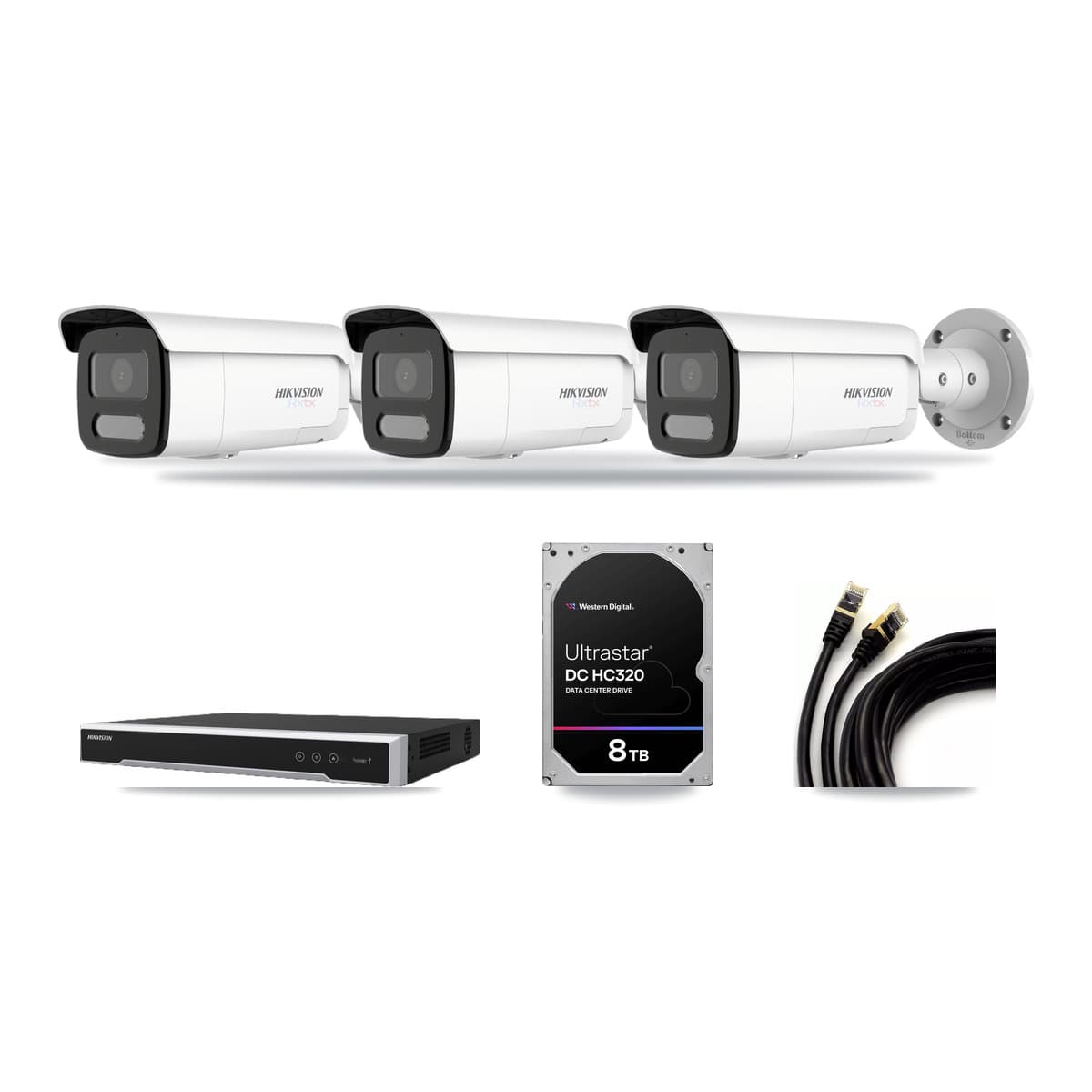 Hikvision 8-Channel 4K CCTV Kit — 3 White Bullet Cameras + 8TB Recording (DS-7608NI-M2 Recorder) - Image 1