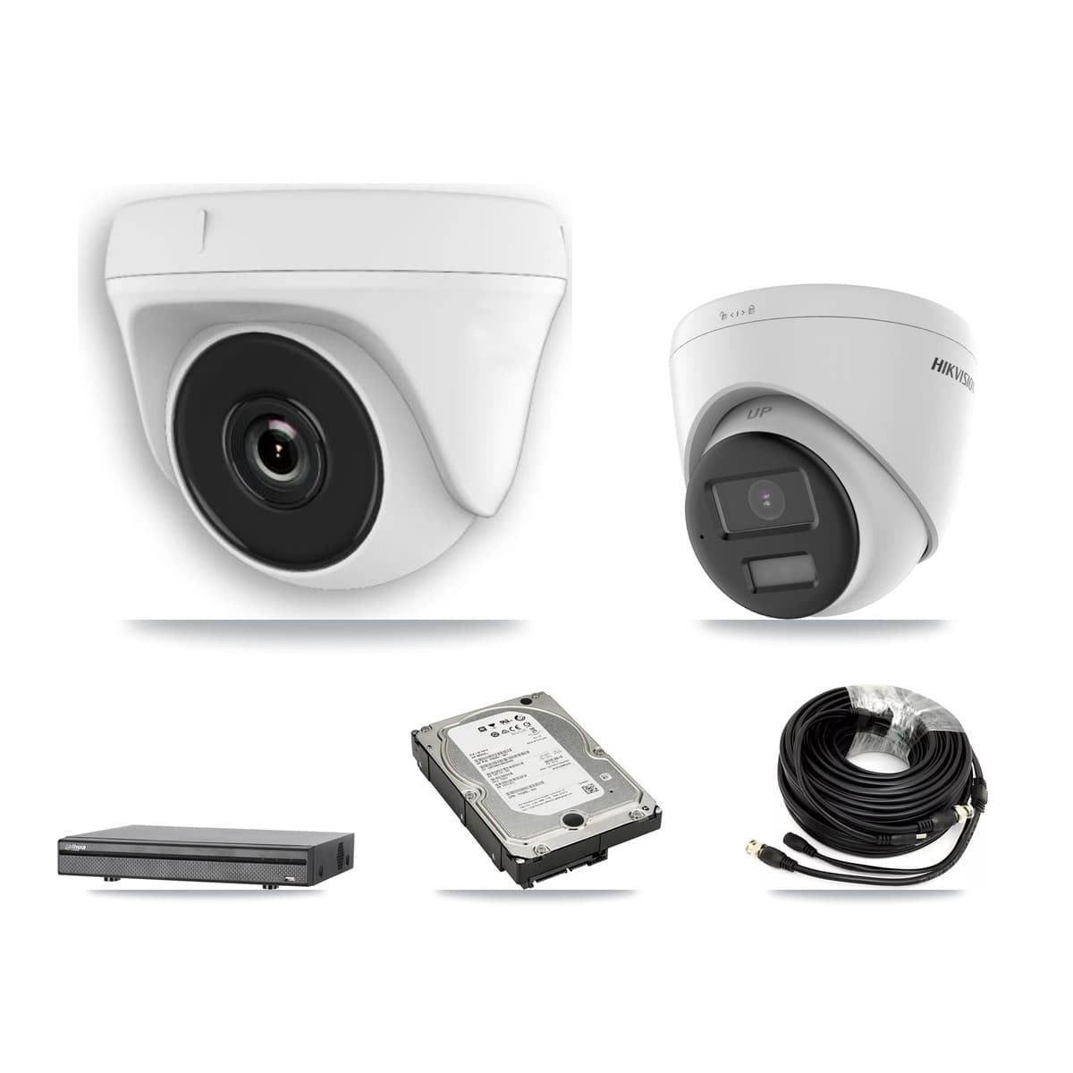Hikvision & Dahua 8-Channel 2MP – 4K CCTV Kit — 1 4K Turret + 4 White 2MP Dome Cameras + 5TB Recording