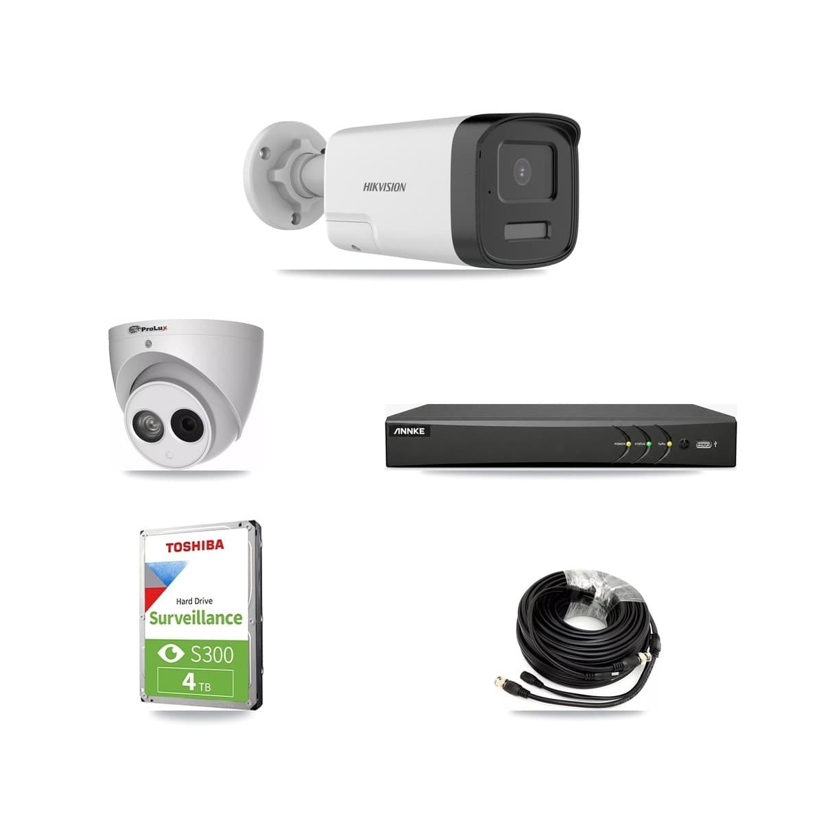 4-Channel 4MP – 5MP CCTV Kit — 2 DS-2CE17K0T 5MP Bullet + 1 PXC-612C4W-A 4MP Turret Cameras + 4TB Recording (AN-DV4-8MP Recorder)