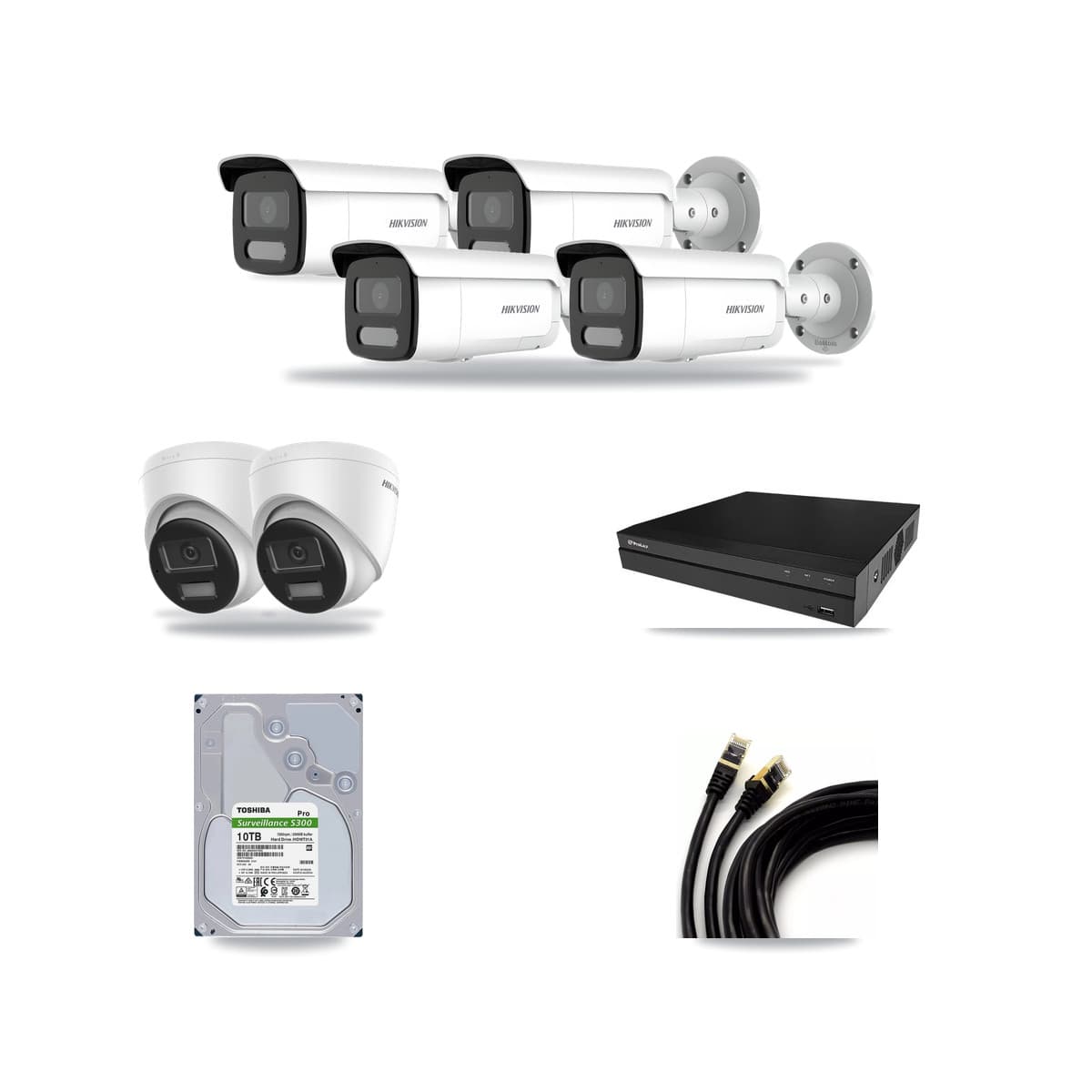 Hikvision & Prolux 8-Channel 4MP – 4K CCTV Kit — 2 DS-2CD1383G2-LIU 4K Turret + 4 DS-2CD2T47G2H-LISU/SL 4MP Bullet Cameras + 10TB Recording (PXN-2108HS-8P-4K Recorder) - Image 1