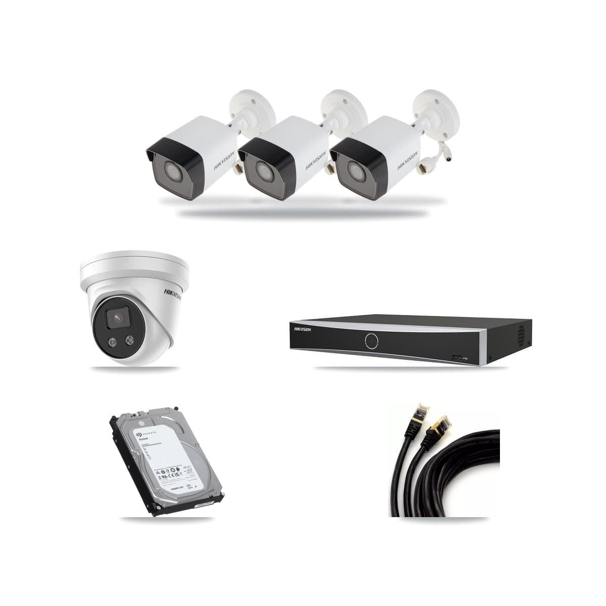 Hikvision 4-channel CCTV kit: 4 cameras (3× 5MP Bullet + 1× 5MP Turret), 6TB hard drive