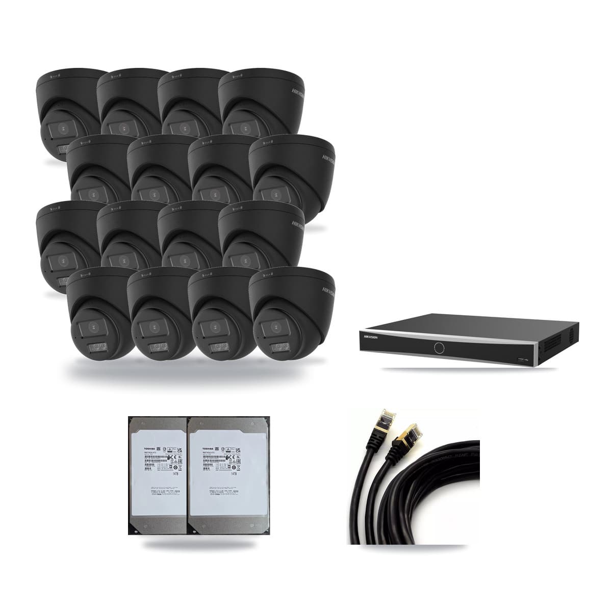 Hikvision 16-Channel 4K CCTV Kit — 16 Black DS-2CD1383G2 Turret Cameras + 2× 14TB Recording (DS-7616NXI Recorder) - Image 1