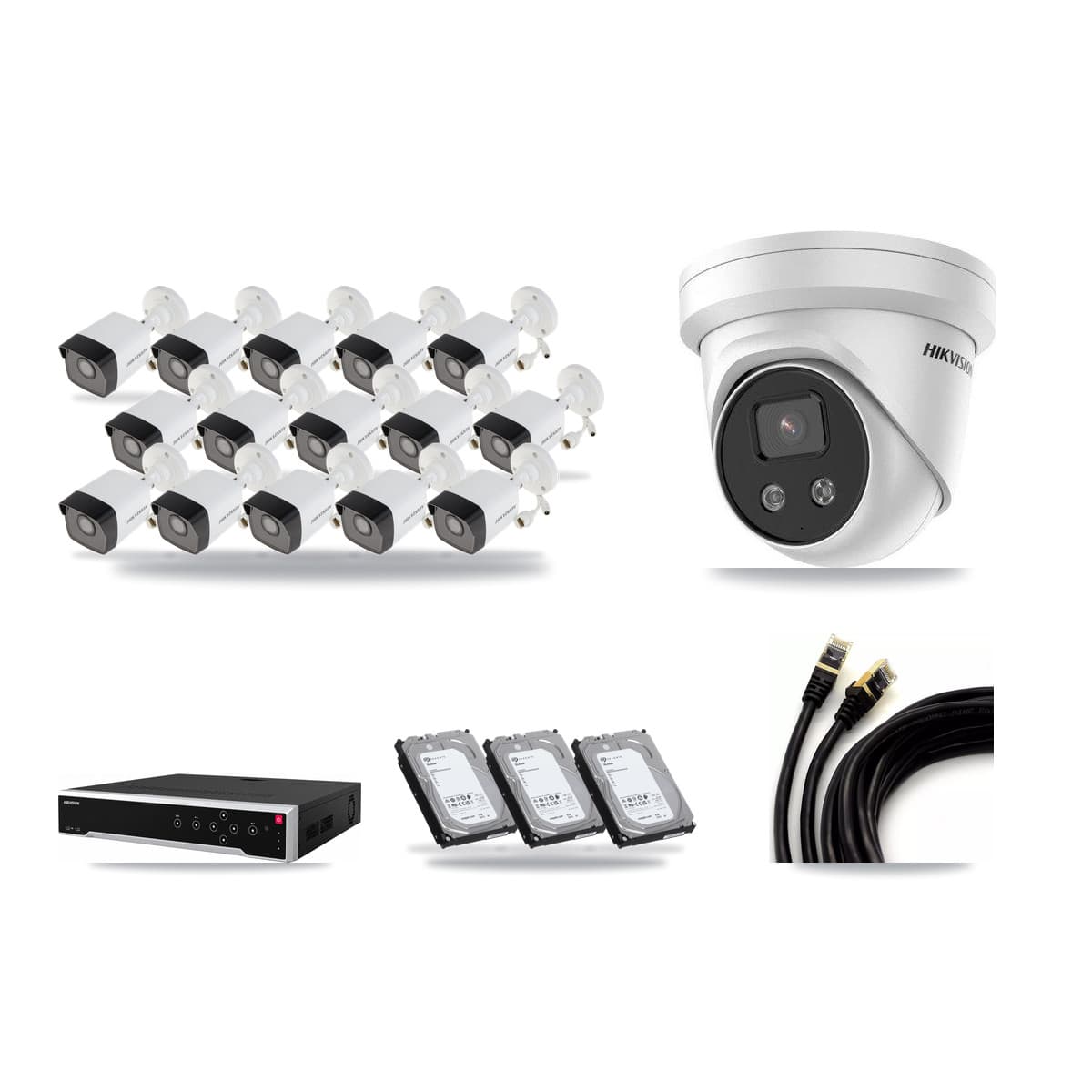 Hikvision 32-Channel 5MP CCTV Kit — 15 DS-2CD1053G0 Bullet + 1 DS-2CD3356G2 Turret Cameras + 3× 6TB Recording - Image 1